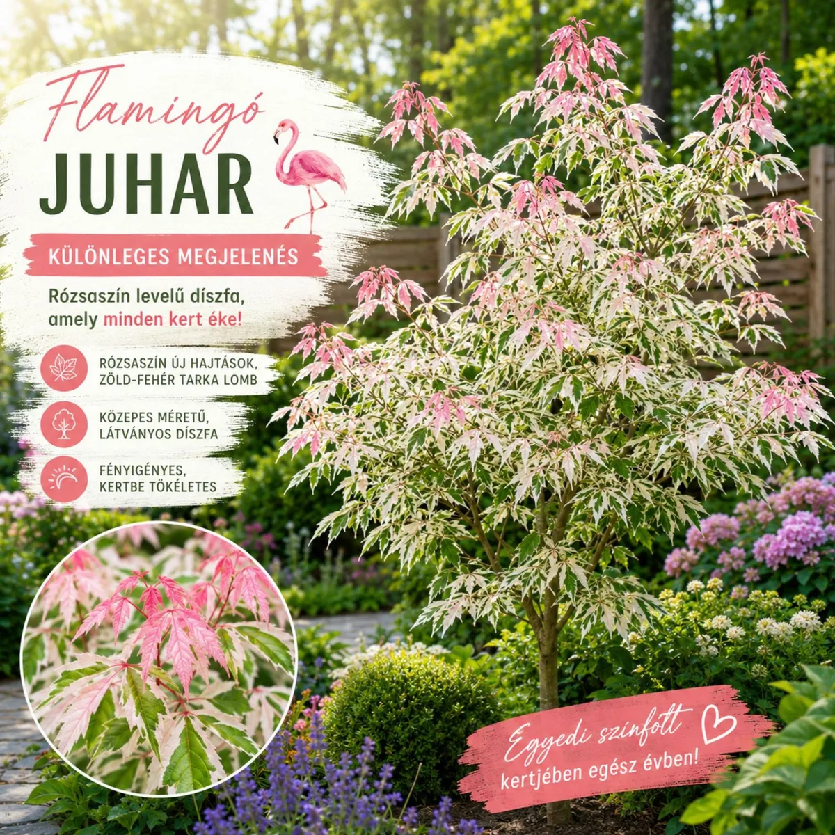 Flamingó Juhar 100cm „Acer negundo” Rózsaszín levelű juharfa (Prémium Díszfaáru)