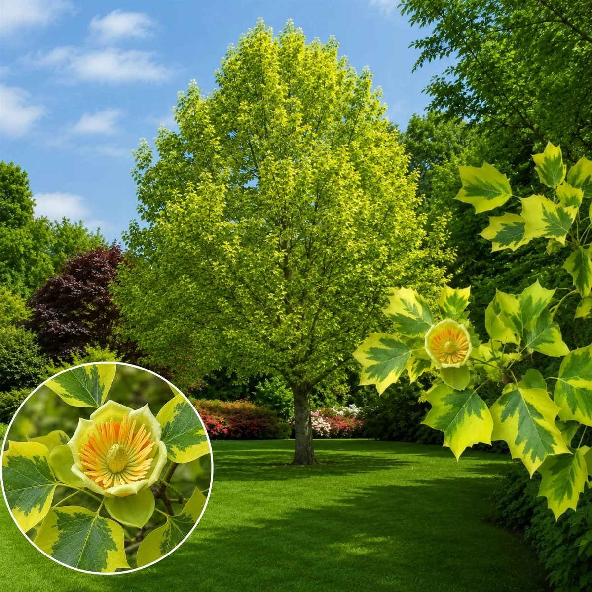 Arany-tarka levelű Tulipánfa 200cm ‘Aureomarginatum’ Liriodendron tulipifera (konténeres díszfa)