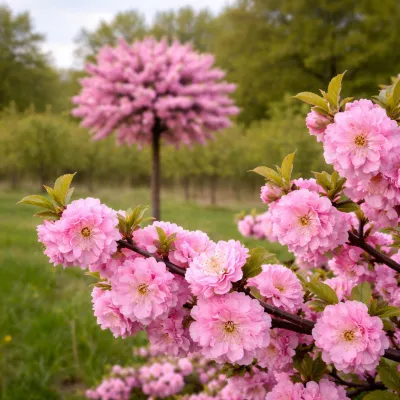 Magastörzsű babarózsa 150 cm Rózsaszín virágú „Prunus triloba Multiplex” (Konténeres Növényáru)